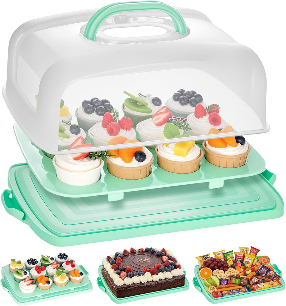 VGOODALL Cake Carrier, 12 Capacity Large Cupcake Holder, 3-in-1 Rectangular Cake Containers for Pies Muffin Candies Fruits Snacks, Dessert Storage Box for Parties, Picnics, Baking(14×10.8×5)