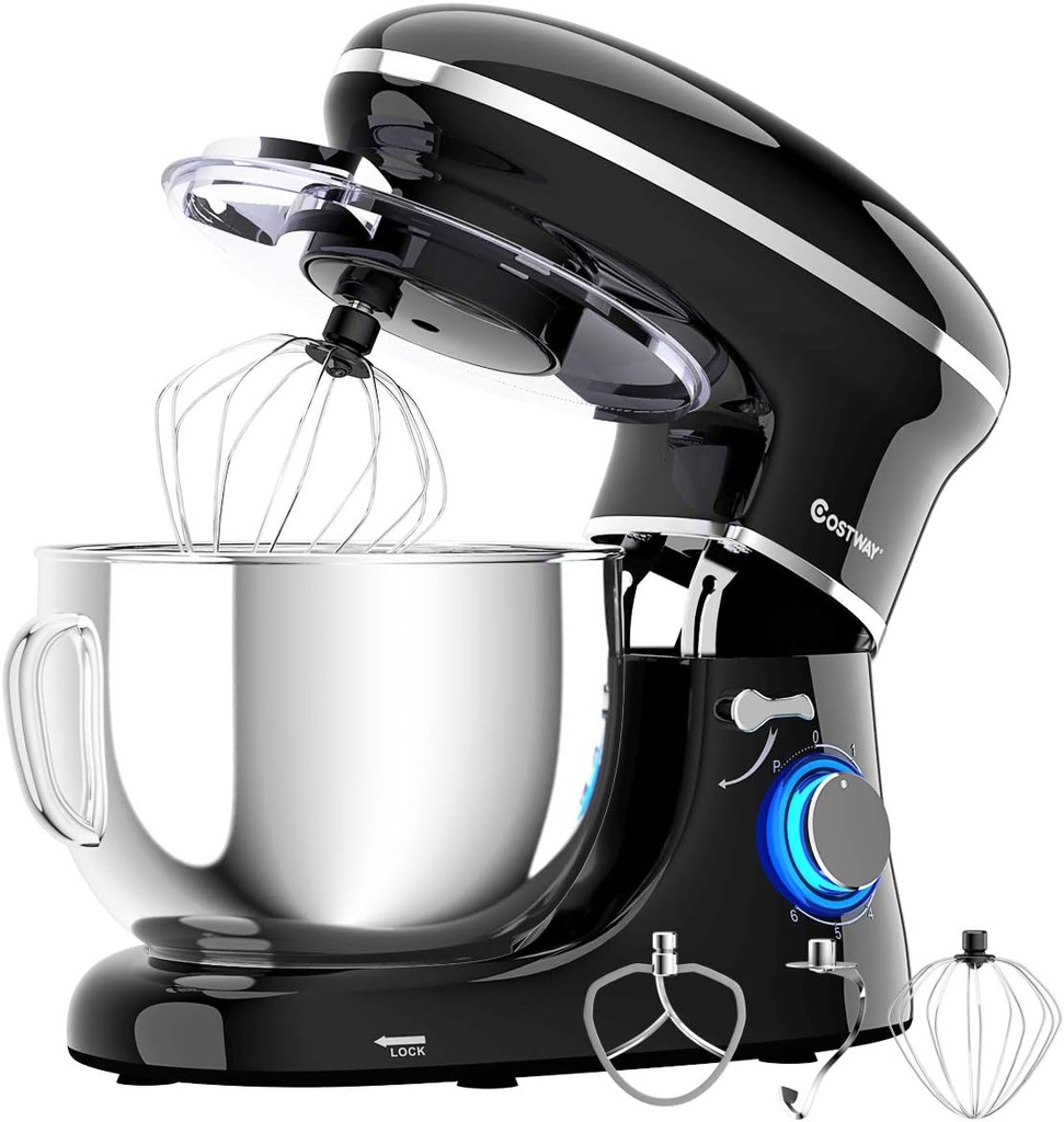 COSTWAY Stand Mixer, 660W Electric Kitchen Food Mixer with 6-Speed Control, 6.3-Quart Stainless Steel Bowl, Dough Hook, Beater, Whisk