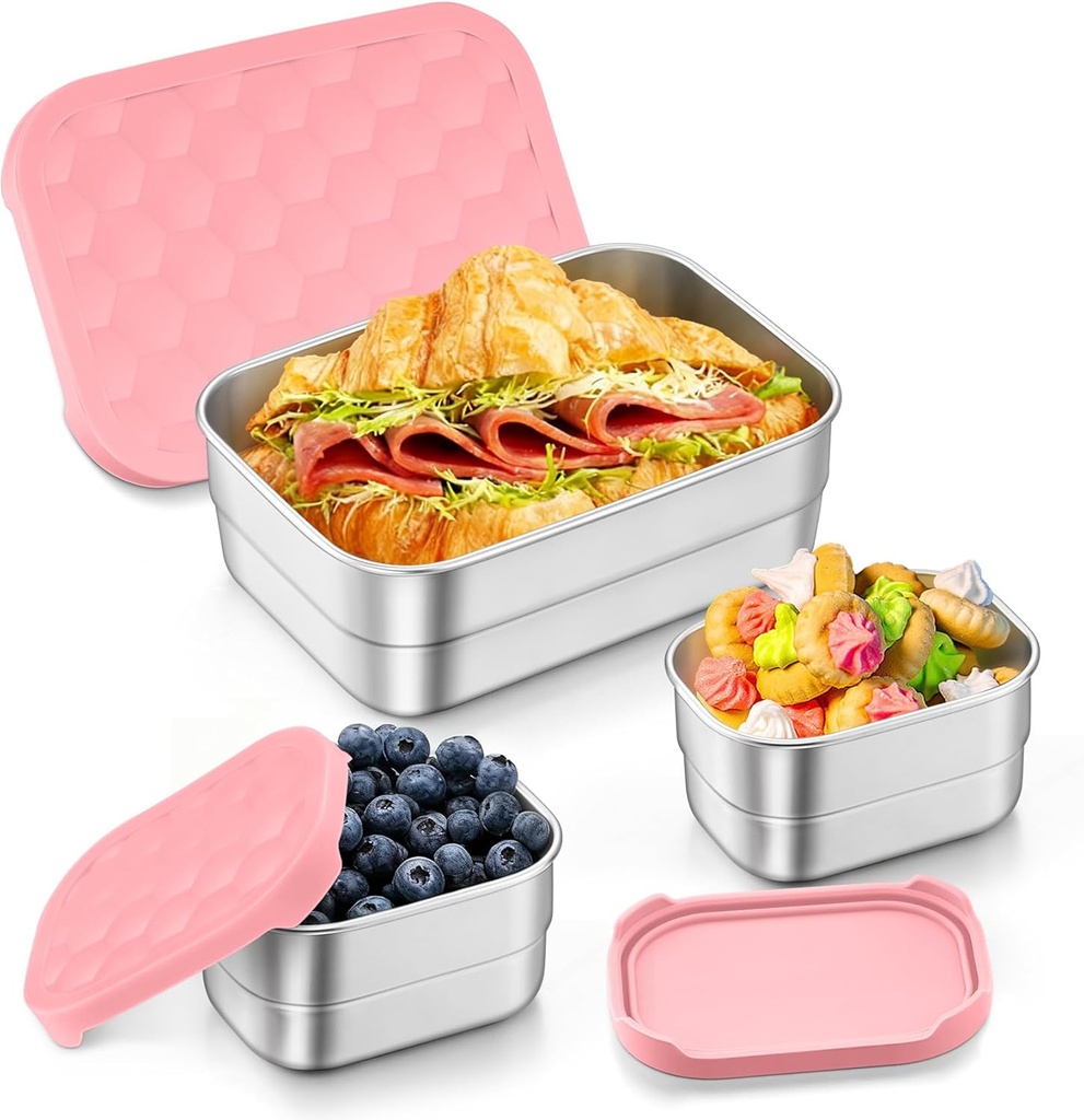 TeamFar Stainless Steel Lunch Box, Food Snack Storage Bento Containers with Silicone Lids for Kids Adults to School Work, Kids Friendly & Dishwasher Safe, Leak-Proof & Easy Open, 25OZ + 8OZ*2 (Pink)