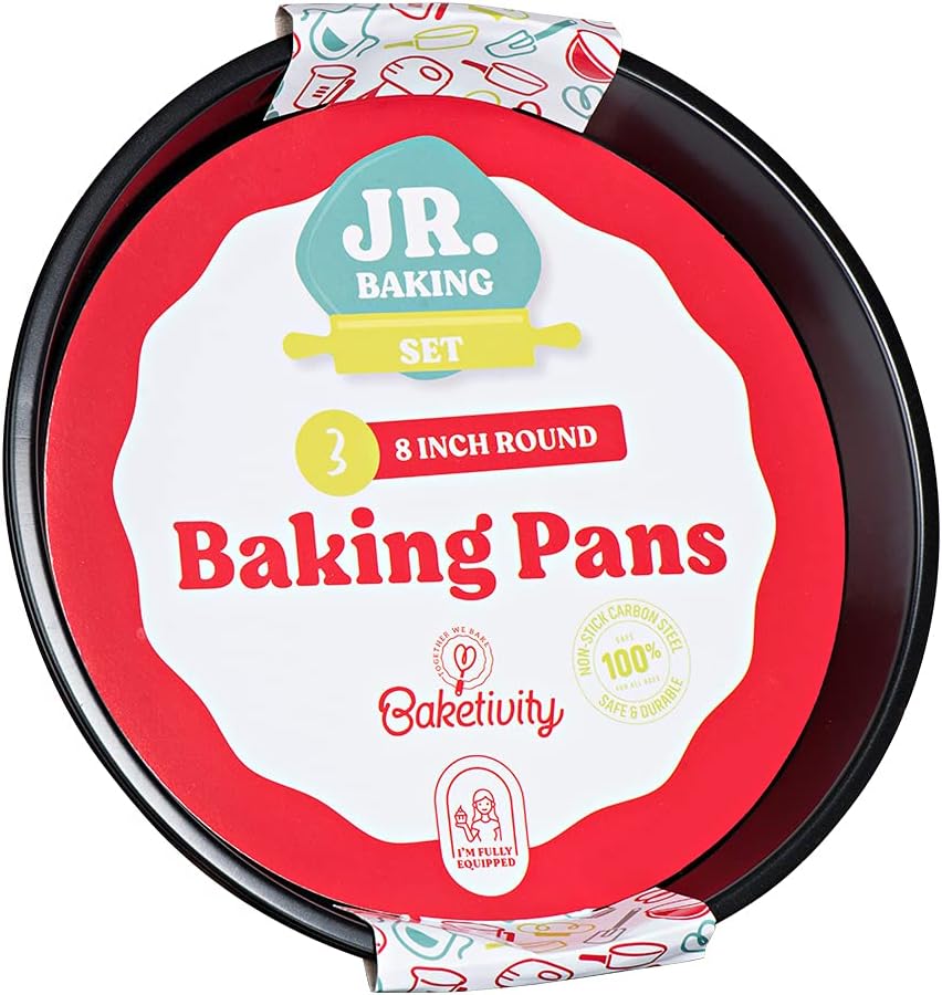 Baketivity Metallic Professional Non-Stick 3-Piece Round Cake Pan Bakeware Set, Fit in Pot Pressure Cooker Baking Pan, Air Fryer, One-piece Molding Cheesecake Pan, Heavy Duty Pizza Pan, Black, 8 inch