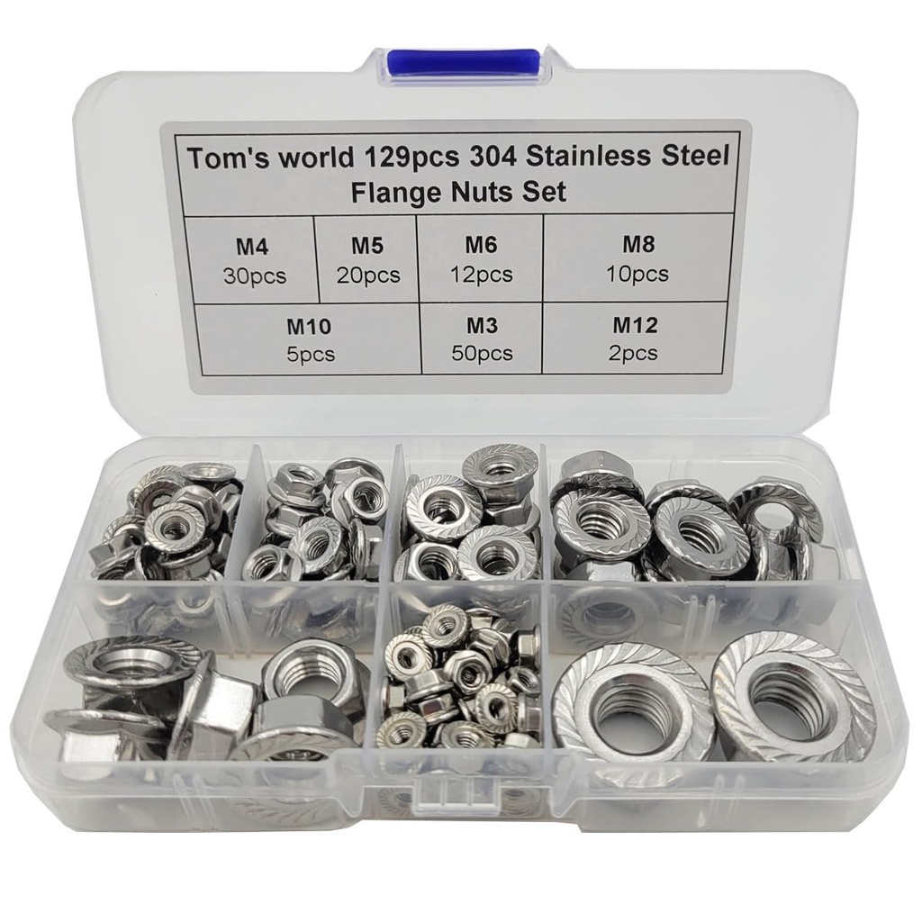 129Pcs Hex Flange Nuts Assortment Kit Stainless Steel 304(18-8) M3 M4 M5 M6 M8 M10 M12 Metric Hex Nuts