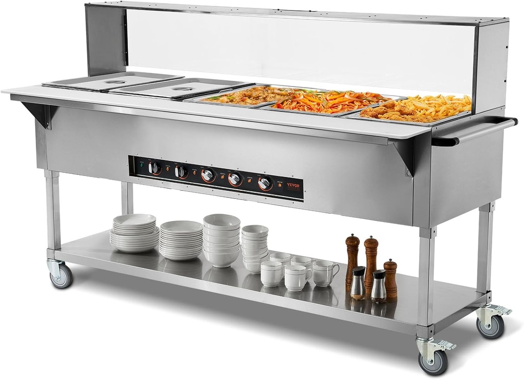 VEVOR 5-Pan Commercial Food Warmer, 5 x 20.6QT Electric Steam Table, 3750W Professional Buffet Catering Food Warmer with Acrylic Sneeze Guard, Food Grade Stainless Steel Server for Party Restaurant