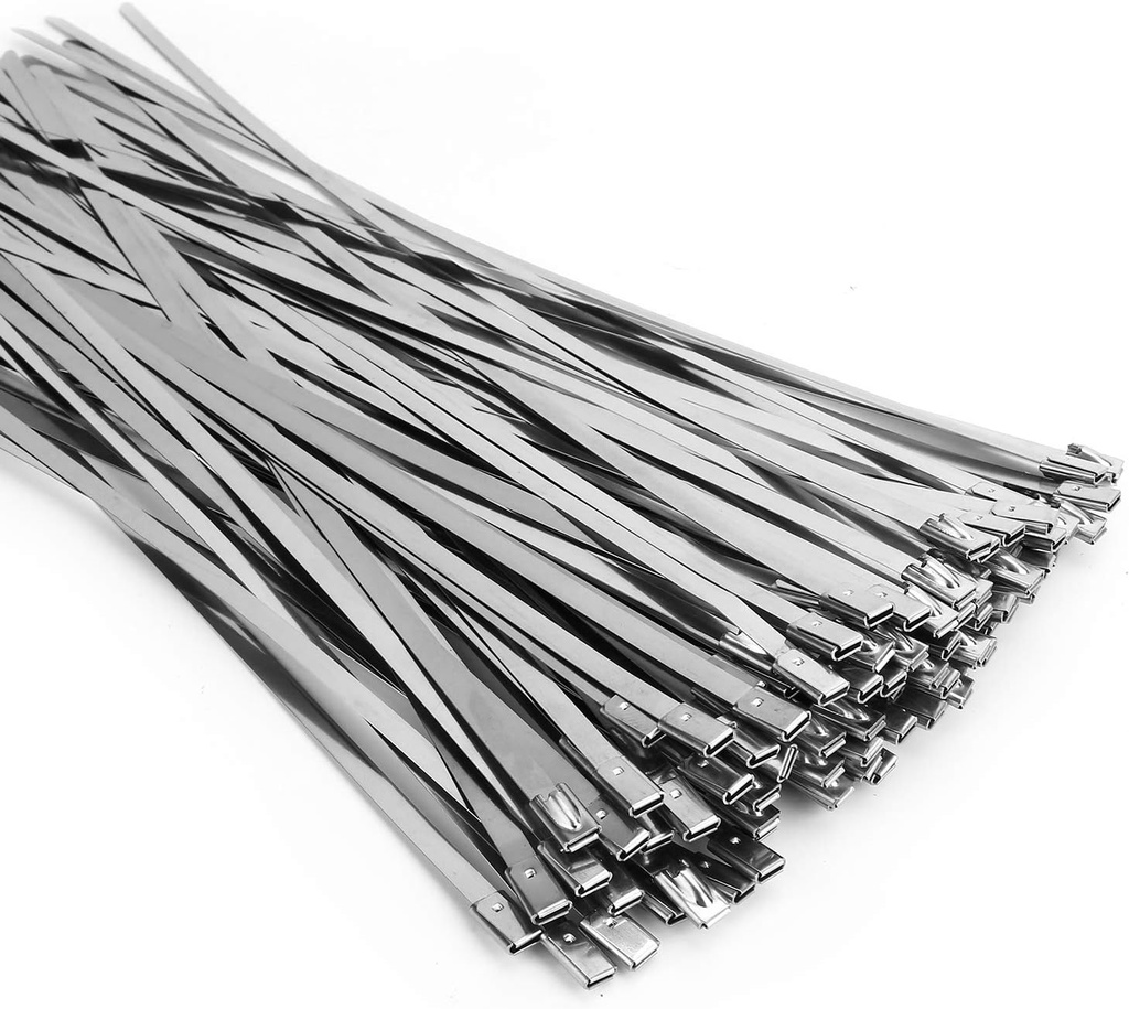 Metal Zip Ties (100PCS 11.8 Inch), 304 Stainless Steel, Heavy Duty Self-locking Cable Ties, for Exhaust Wrap, Chain Link Fence Parts, Heat Resistant Fencing Tie. for Pipe, Auto repair.