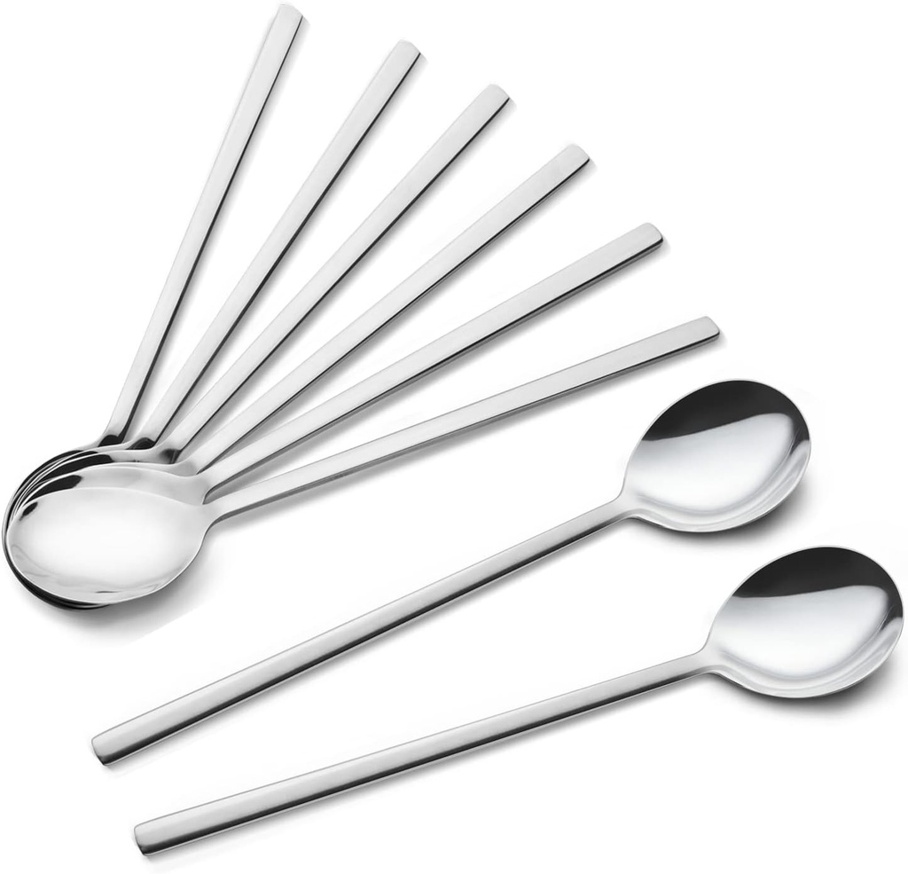 IQCWOOD Spoons, 8 Pieces Korean Spoon, 8.5 Inch Stainless Steel Table Soup Spoons with Long Handles for Home, Kitchen, or Restaurant Flatware Set