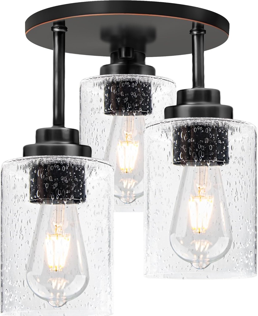 hykolity 3-Light Semi Flush Mount Ceiling Light, 9 Inch Oil Rubbed Bronze Close to Ceiling Light Fixtures with Seeded Glass Shades, Modern Ceiling Lighting for Kitchen, Bedroom, Entryway, ETL Listed