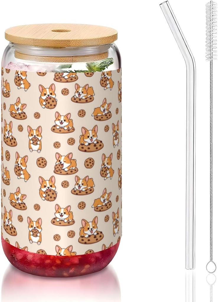 Cute Aesthetic 16oz Glass Cups with Bamboo Lids and Straws, Cute Corgi And Cookie, Beer Style Iced Coffee Glasses, Perfect for Women, Smoothie and Tea Cup