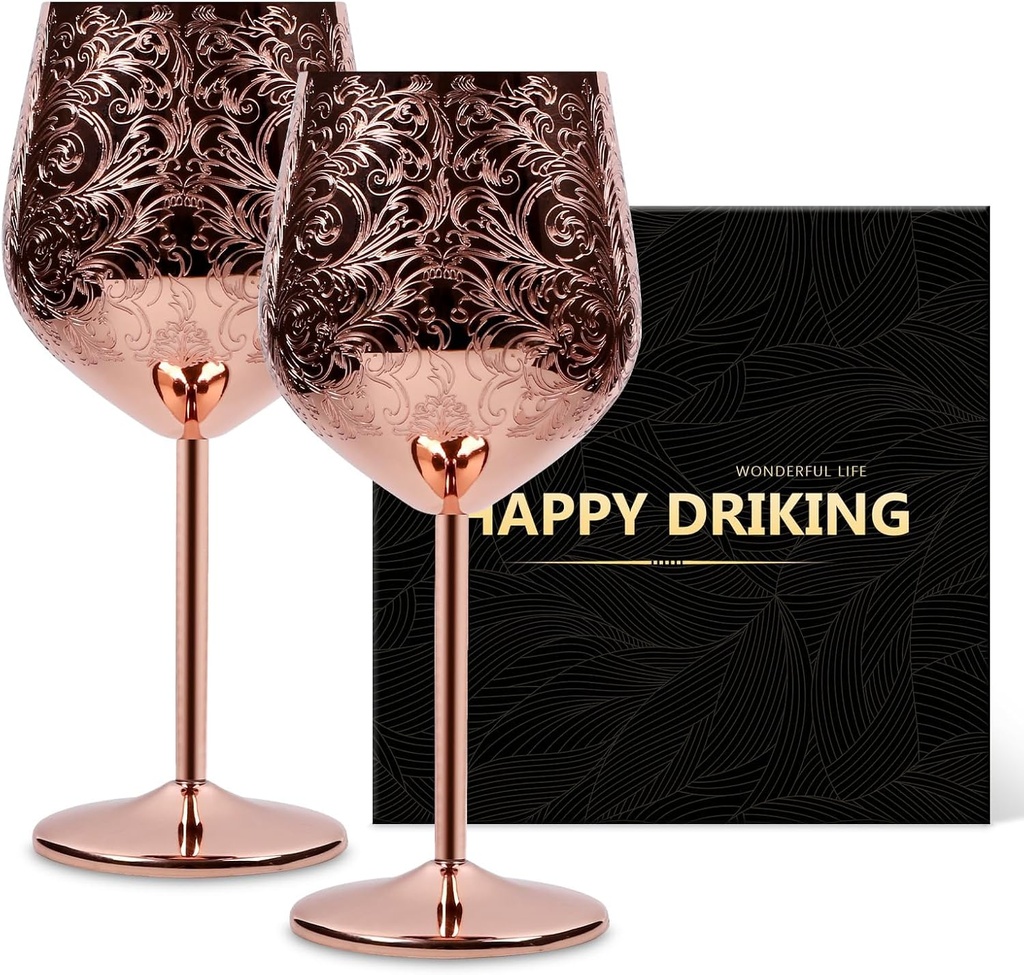 Etched Stainless Steel Wine Glasses Set of 2, Rose Gold Halloween Unbreakable Wine Glasses, 17 oz Royal Style Metal Wine Goblets, Etched with Engravings Wine Glass, Unique Anniversary Steel Gifts