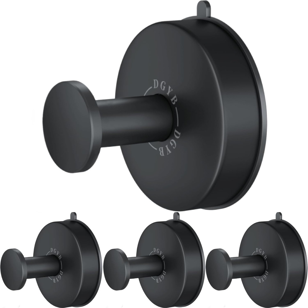 DGYB Suction Cup Hooks for Shower Set of 4 Removable Stainless Steel Towel Hook for Bathroom Glass Window Door Wall and Suction Wreath Hook for Hanging Robe, Loofah, Coat - Black