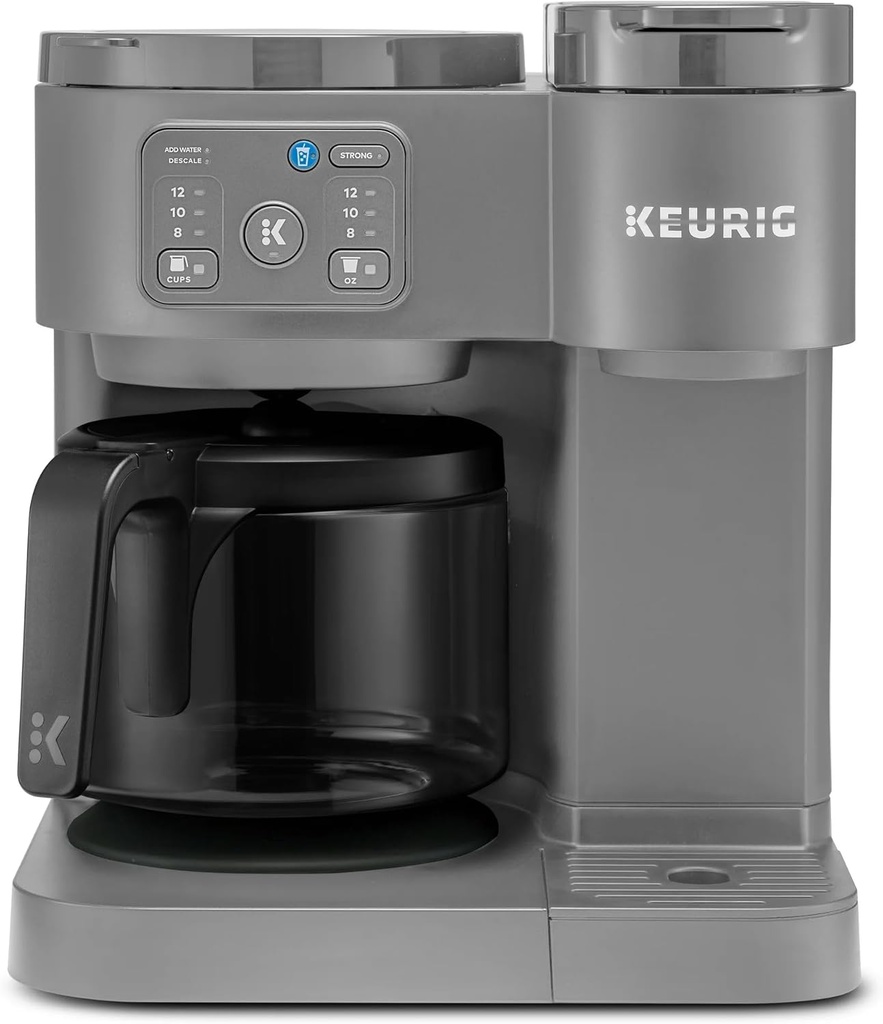 KeuriigK K-Duo Essentials Hot & Iced Single-Serve Coffee Maker with 12-Cup Glass Carafe, Brews KCup Pods & Coffee Grounds, Multiple Brew Sizes, 72 oz Reservoir, Pause & Pour Feature (Moonlight Gray)