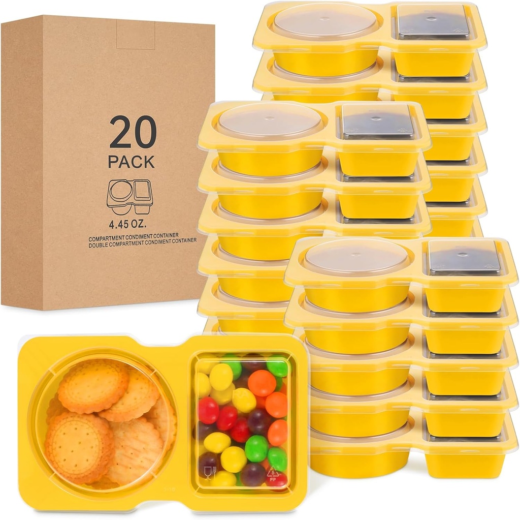 20 PCS Disposable Double Compartment Snack Containers with Lids, Small 2 Compartment Condiment Container, Plastic Snack Box, Grab and Go Snack Pack Containers(2Compartment,Yellow,20Packs)