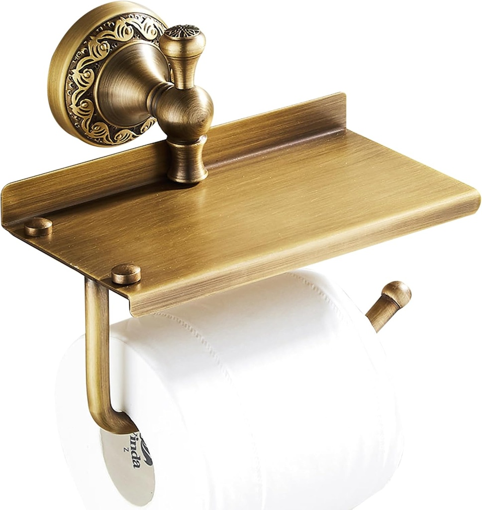 Toilet Paper Holder with Phone Shelf, Bathroom Toilet Paper Roll Holder Antique Bronze Brass Wall Mounted Bathroom Hardware Accessories,Pattern Carving Design