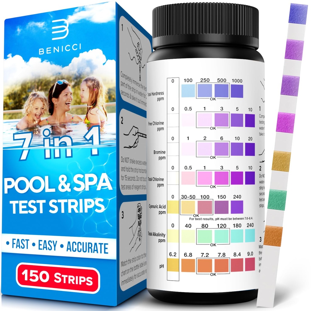 7-in-1 Accurate Pool Test Strips - 150 Hot Tub Spa Test Strips - Quick Pool Water Testing Kit - Bromine, pH, Hardness, Alkalinity, Chlorine & Cyanuric Acid - Perfect for Any Pools, Spa, Hot tubs