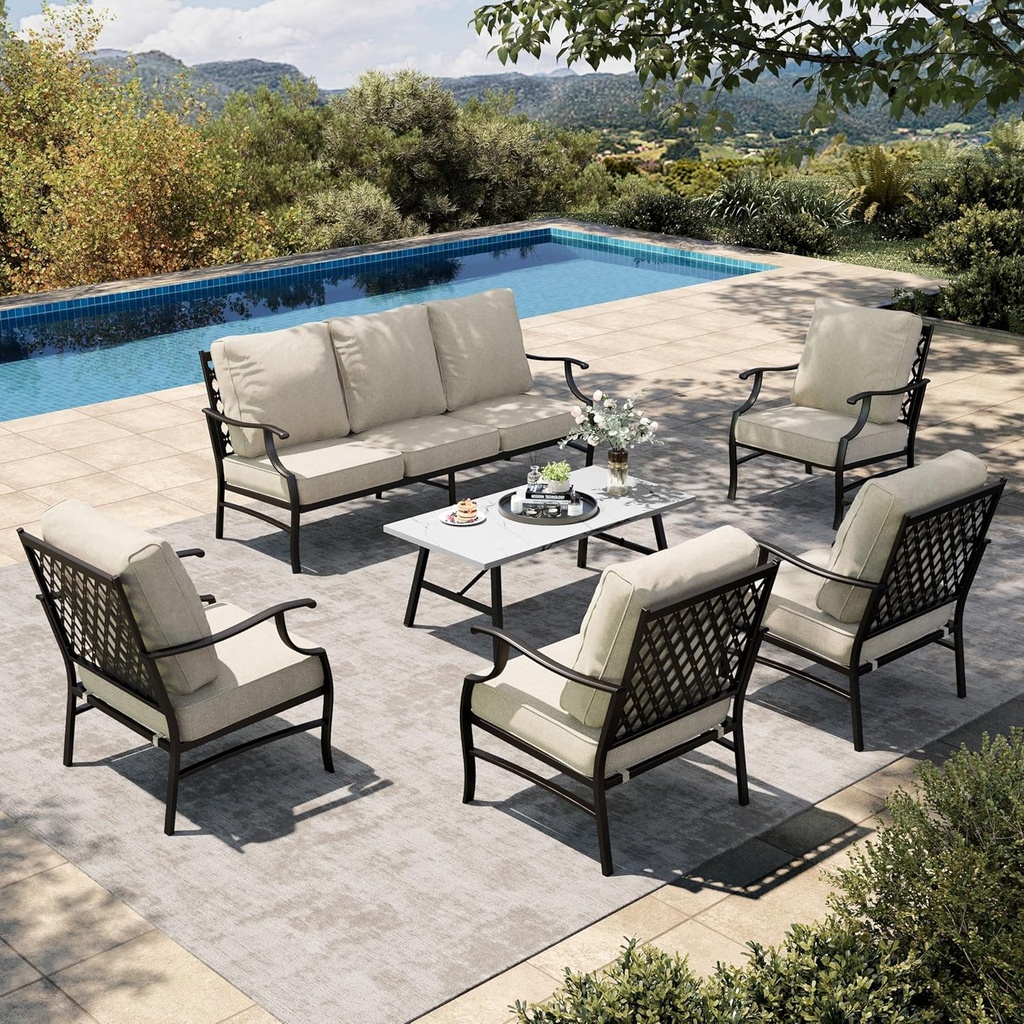 HERA'S HOUSE 6 Piece Patio Furniture Set, 4 x Fixed Metal Cushioned Chair, 1 x 3-Seat Sofa with Marbling Coffee Table, Outdoor Conversation Set for Lawn Garden Backyard Poolside
