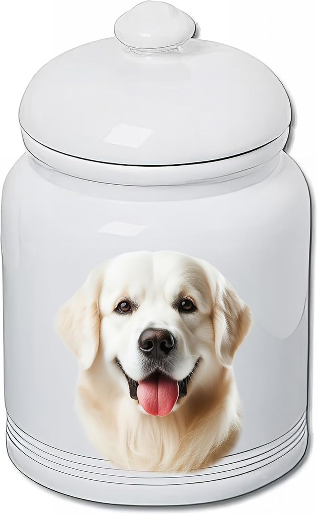 Best of Breed Golden Retriever White Dog and Cat Ceramic Treat Jar 9" Tall Air Tight Seal All White