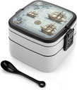Bento Lunch Box for Women Lunch Containers for Adults Boat Map Double Layered Lunchbox Large Capacity Bento Box with Cutlery for Work Picnic Camping Travel