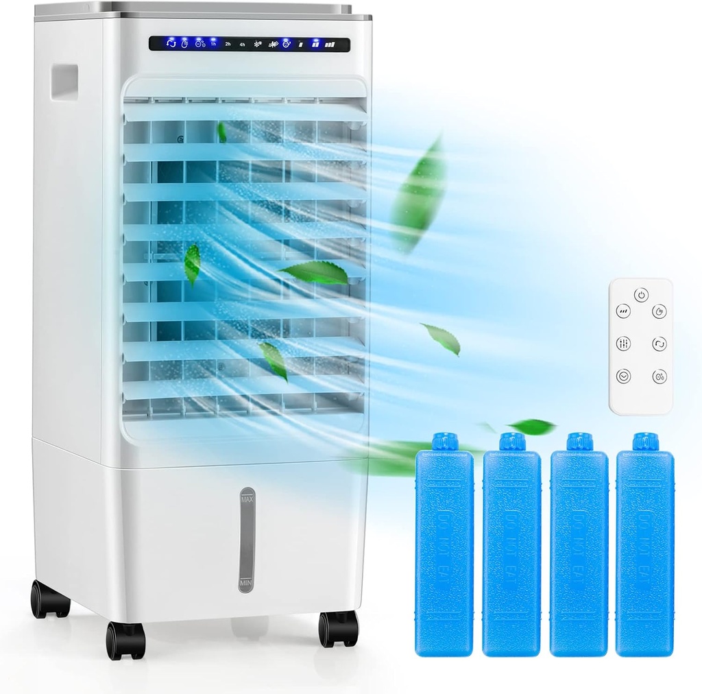 GOFLAME Evaporative Air Cooler Portable, 3-IN-1 Air Cooling Fan with Remote Control and 4 Ice Packs, Air Humidifier with 3 Modes, 3 Speeds and 7H Timer, Bladeless Cooling Fan for Home & Office