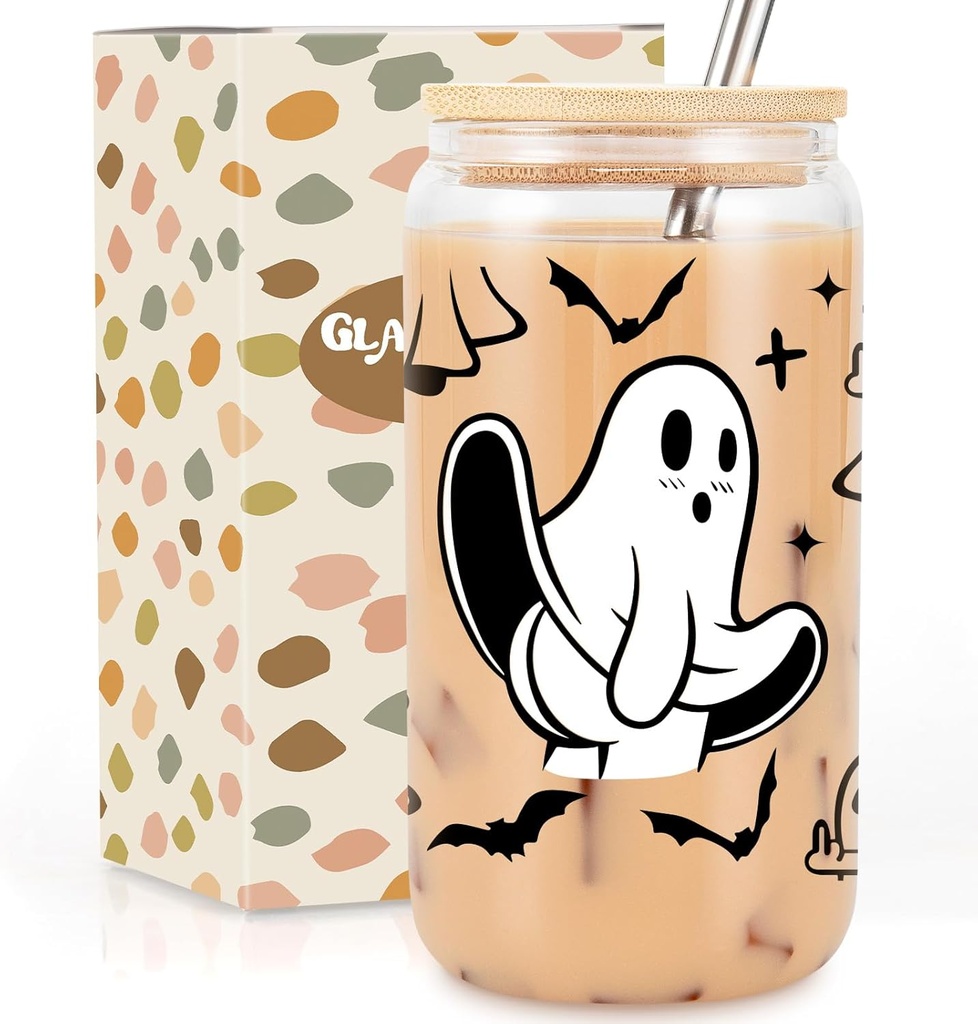 GSPY Halloween Ghost Glass Cups with Lids & Straws - Cute Spooky Iced Coffee Cup, 16 oz Middle Finger Ghost Bat Tumbler Fall Mug - Funny Halloween Gifts, Boo Basket Stuffers for Her Women Adults