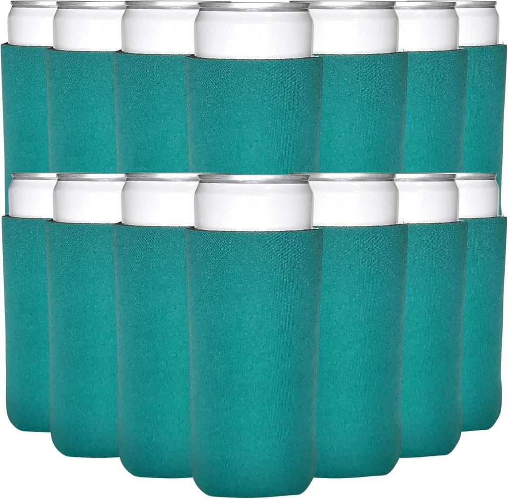 TahoeBay Slim Can Cooler Sleeves (50-Pack) Skinny Tall Cans 12 Oz Bulk Thin Seltzer Fit Sublimation Blanks for Vinyl Plain Blank Foam Beer Bottles Black White Assorted Solid Set (Teal)