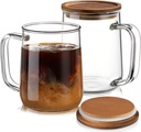 Glass Coffee Mugs, 16 oz Glass Coffee Cups with Acacia Wood Lids, Clear Borosilicate Glass Mugs with Handles for Cappuccino, Tea, Latte, Hot/Cold Beverages, Wine, Americano, Set of 2
