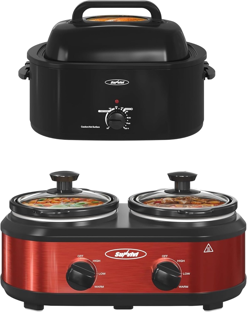 Sunvivi Roaster Oven and Slow Cooker, Turkey Roaster 24 QT with Unique Defrost/Warm Function,Black, 2 Pot Small Mini Crock Buffet Server and Warmer, Red