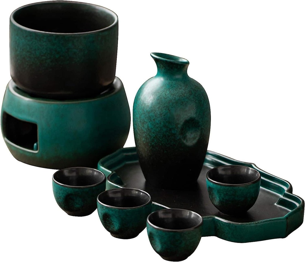 Sake Set with Warmer, Traditional Pottery Hot Saki Set 9-Piece Including 1Pc Candle Stove, 1Pc Warming Sake Mug, 1Pc Sake Pot, 4Pcs Sake Cups, 1Pc Tray, 1Pc Candle pad