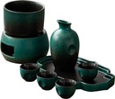 Sake Set with Warmer, Traditional Pottery Hot Saki Set 9-Piece Including 1Pc Candle Stove, 1Pc Warming Sake Mug, 1Pc Sake Pot, 4Pcs Sake Cups, 1Pc Tray, 1Pc Candle pad