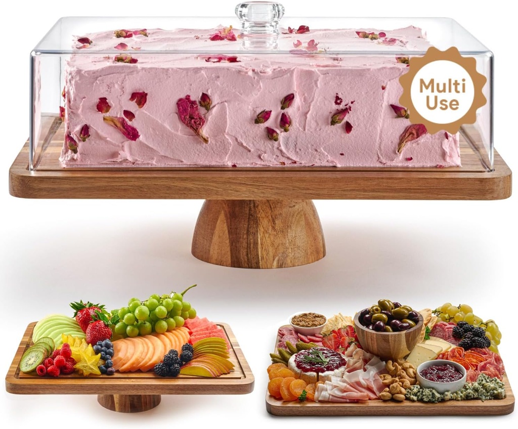 Acacia Wood Cake Stand with Lid - Rectangular Cake Holder, 2-in-1 Dessert Table Display Set & Charcuterie Board for Cheese, Chips, Fruit Platter, Large Acrylic Cake Dome Cover, No Glass