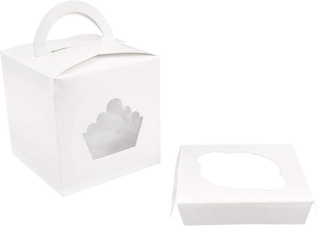 O'Creme White 4-Inch Cube Cake Box with Handle and Crown-Shaped Windows, Plus Insert for Standard Cupcake - Pack of 25