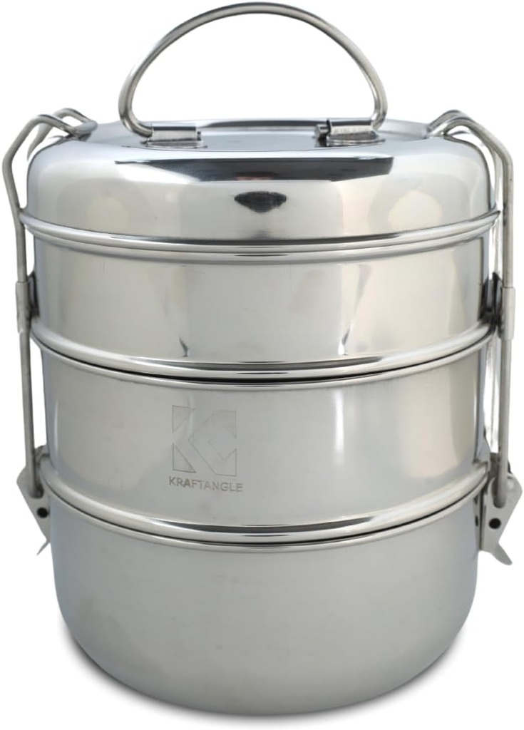 Indian-Tiffin Stainless Steel 3 Tier Large Lunch Box Snack Box/Food Container Airtight Leak Proof 3 Compartment Suitable for Office Use, Outdoor Lunches/Dining