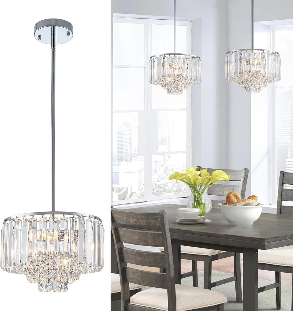 11" Pendant Lights Kitchen Island Chrome, 2-Light Modern Crystal Chandeliers for Dining Room Light Fixtures over Table, 4-Tier Round Bathroom Chandelier Pendant Light Fixtures for Entryway Bedroom