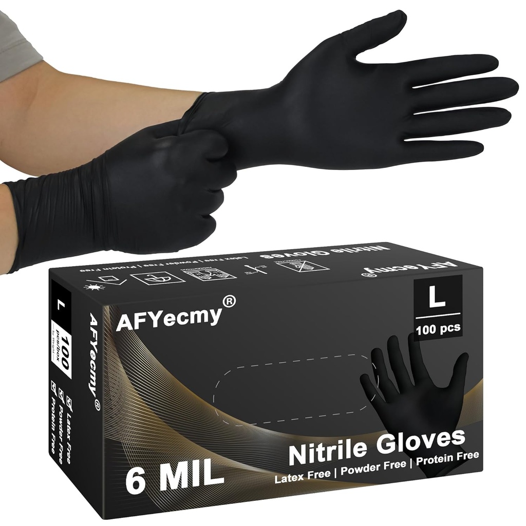 Disposable Nitrile Gloves, Chemical Resistant, Powder and Latex Free, Food Safe, Black Heavy Duty Gloves, 6 Mil, 100 Count, Large