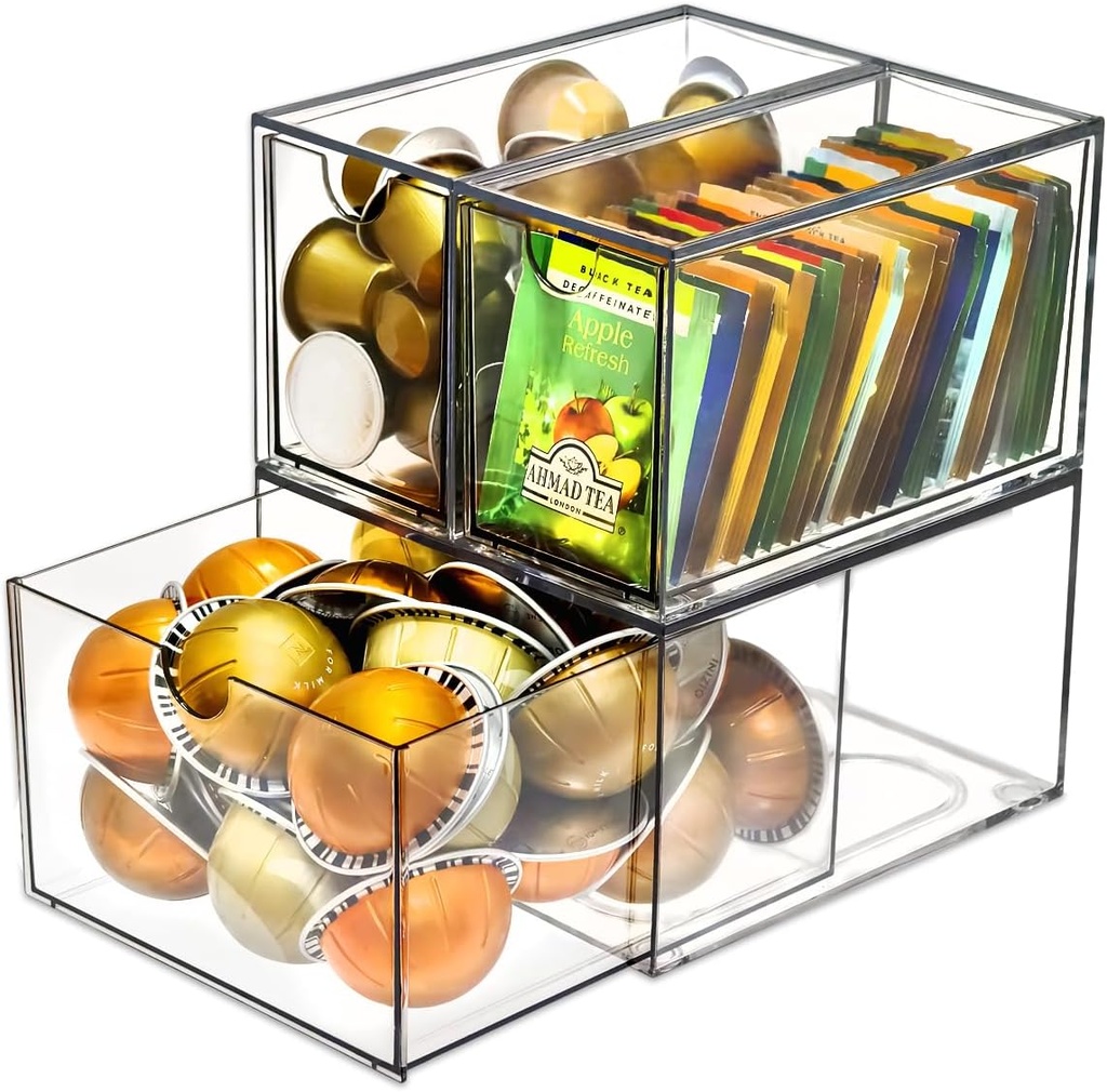 3 Acrylic Coffee K Cup and Tea Bag Organizer, Coffee Pod Drawer Holders, Stackable Accessories Tea Organizers and Storage for Kitchen Multi Organizers-Clear