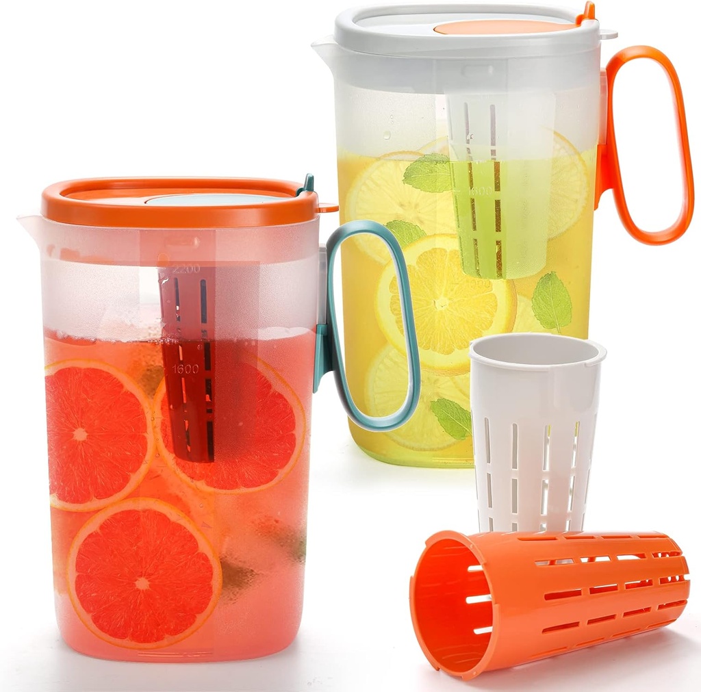 Foraineam 2 Pack Water Infuser Pitcher, 74 oz Plastic Water Pitcher with Lid and Fruit Infuser, Shatter-Proof Water Jug Fruit Infusion Pitcher for Iced Tea, Lemonade, Juice, Beverage, Milk