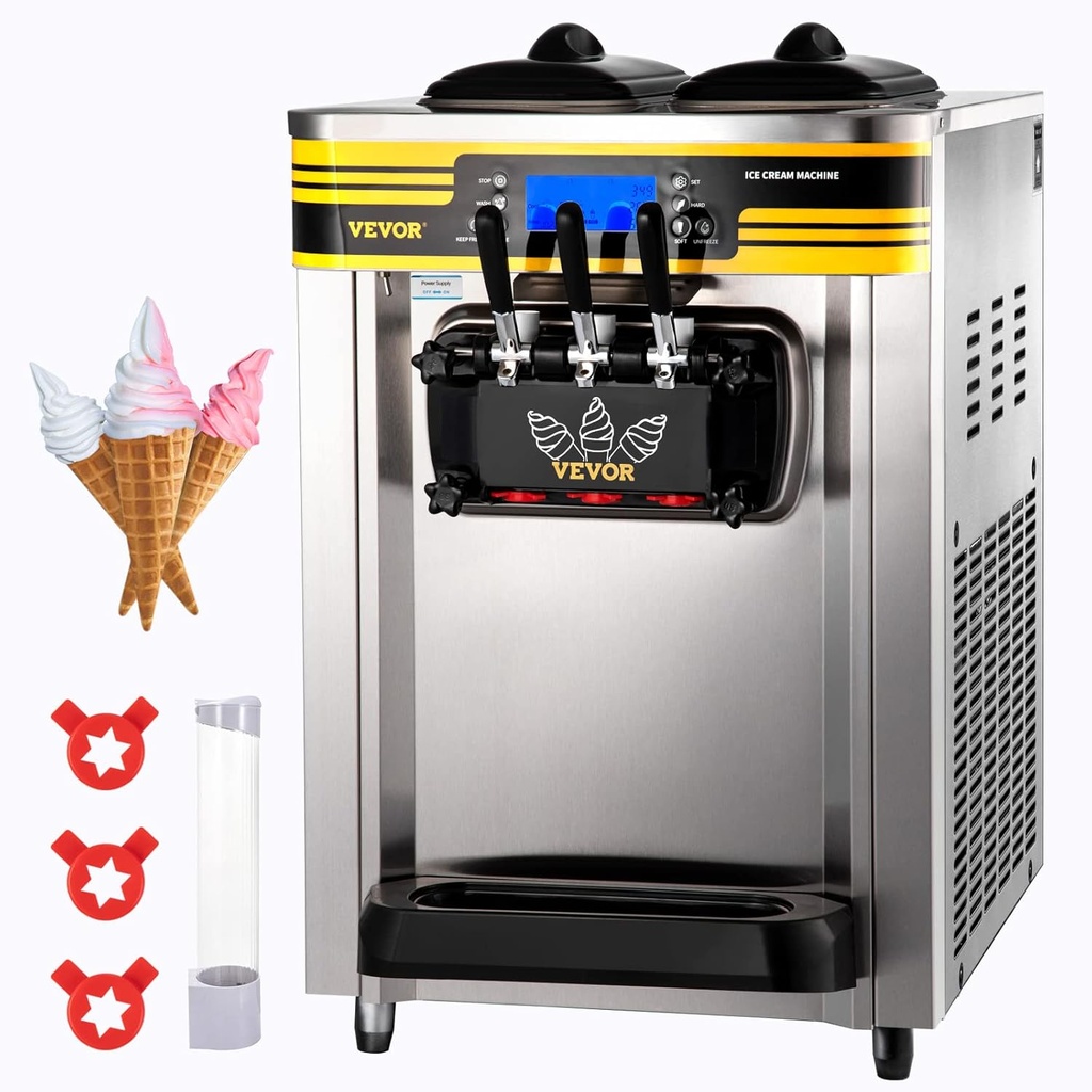 VEVOR Commercial Ice Cream Maker, 22-30L/H Yield, 2200W Countertop Soft Serve Machine w/ 2x6L Hopper 2L Cylinder LCD Panel Puffing Shortage Alarm, Frozen Yogurt Maker for Restaurant Snack Bar, Silver