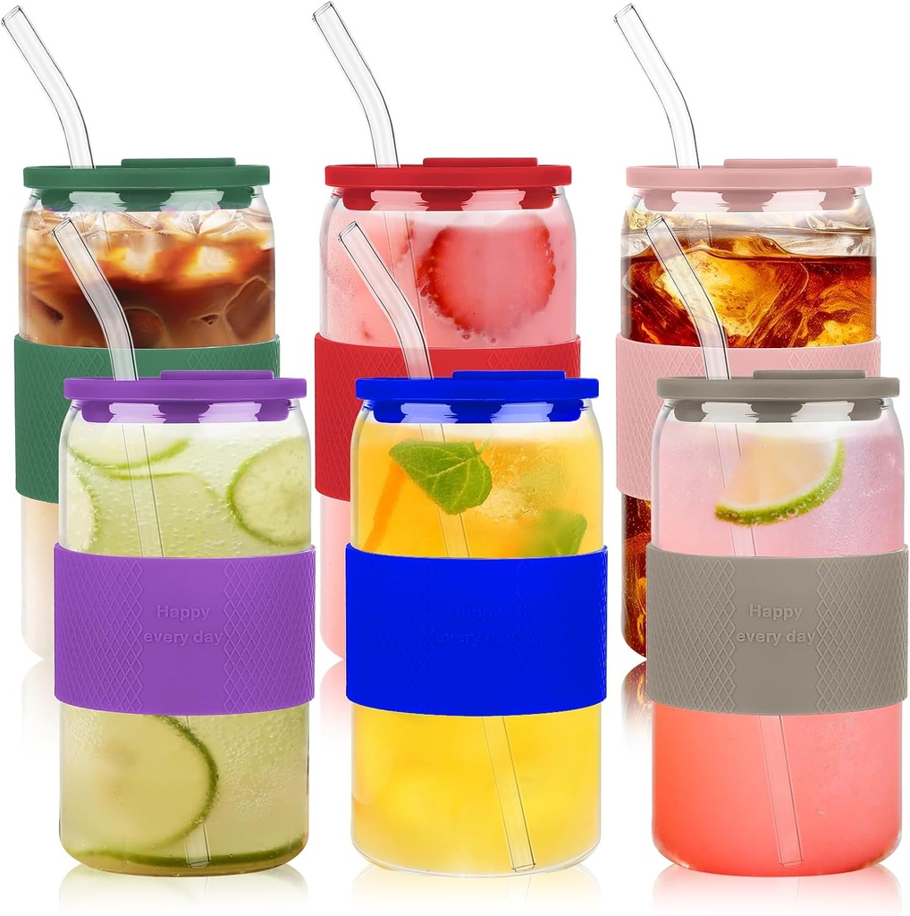 16oz Iced Coffee Cups with Lids and Straws, 6 Pack Kitchen Glasses Silicone Glass Travel Tumbler for Commuters, Drivers, Coffee Lovers