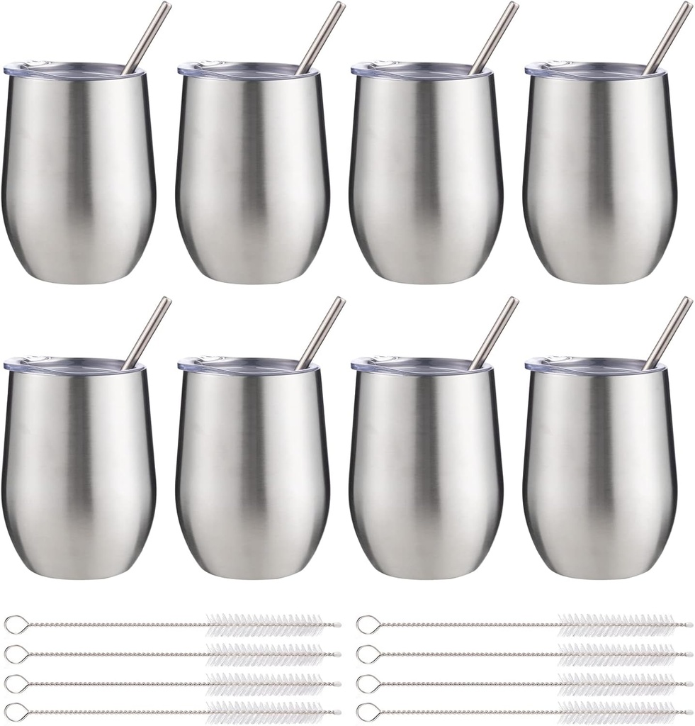 12 oz Insulated Wine Tumbler with Lid and Straw,Stainless Steel Stemless Wine Tumbler Glasses Double Wall Vacuum Wine Cups Tumbler Bulk for Coffee,Champaign,Office(Silver,8)