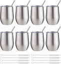 12 oz Insulated Wine Tumbler with Lid and Straw,Stainless Steel Stemless Wine Tumbler Glasses Double Wall Vacuum Wine Cups Tumbler Bulk for Coffee,Champaign,Office(Silver,8)