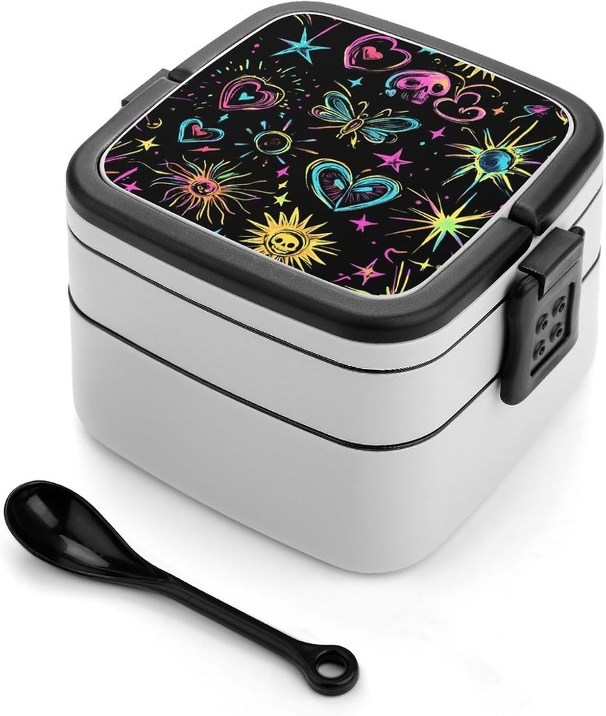 Y2k Skull Sun Stars Butterflies Hearts Lunch Box with Handle Stackable 2 Layer Leak-Proof Bento Box Portable Food Containers for Unisex