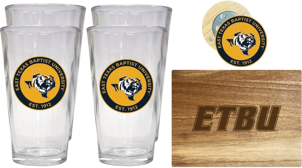 R and R Imports East Texas Baptist University Officially Licensed Kitchen Pack - Wood Cutting Board, 4 Pint Glasses & Magnetic Bottle Opener