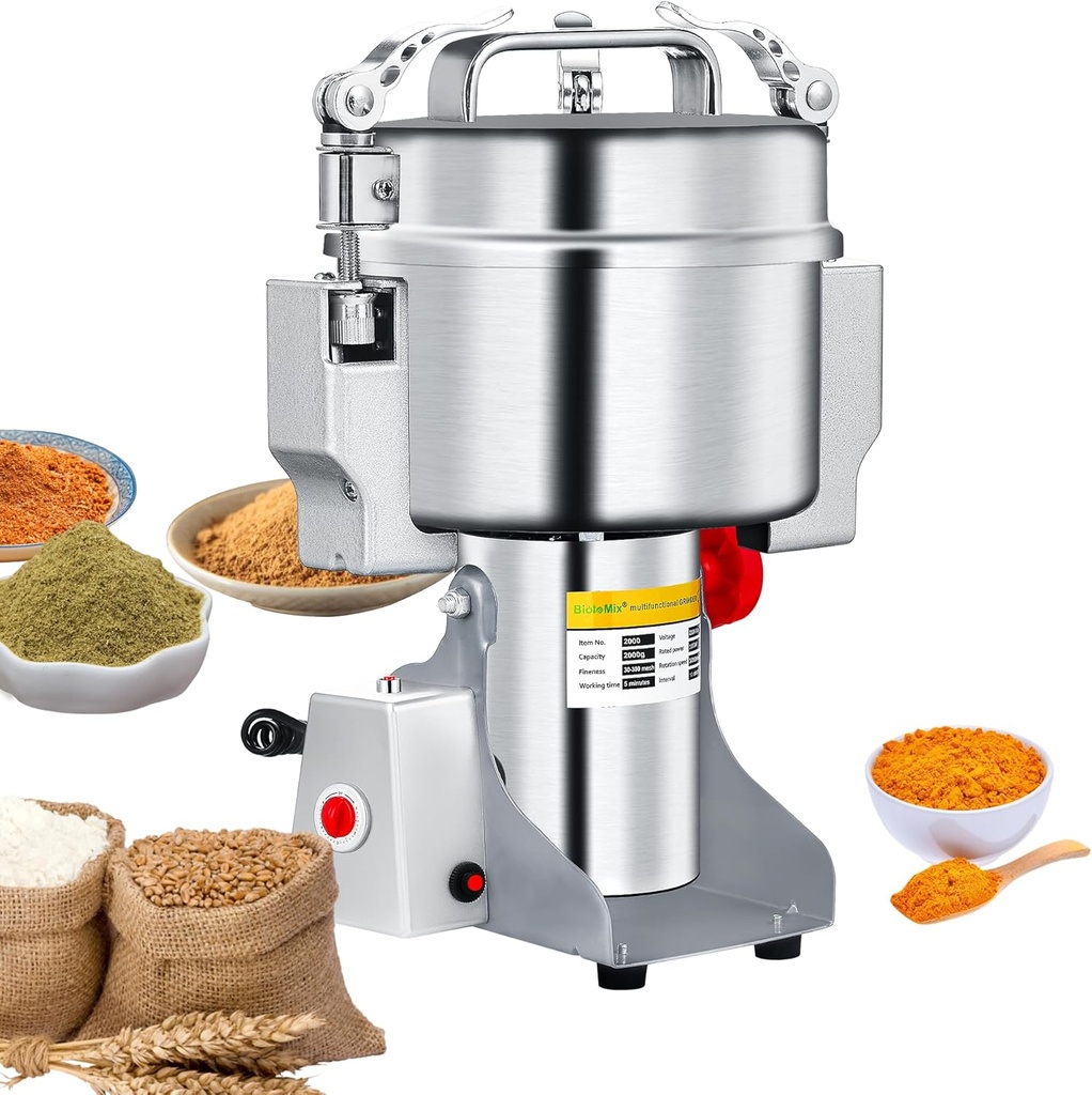 BioloMix 2000g Electric Grain Grinder Mill Safety Upgraded 3000W High Speed Spice Grinder Commercial Superfine Grinding Machine Dry Cereals Pulverizer,for Coffee, Cereals, Spice Grind(Swing)