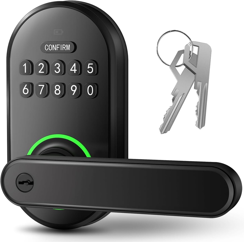 Smart Keypad Door Lock with Handle, Keyless Entry Door Lock for Front Door, Bedrooms, Electronic Door Knob with Code, Durability Door Lever - Easy Installation, Black