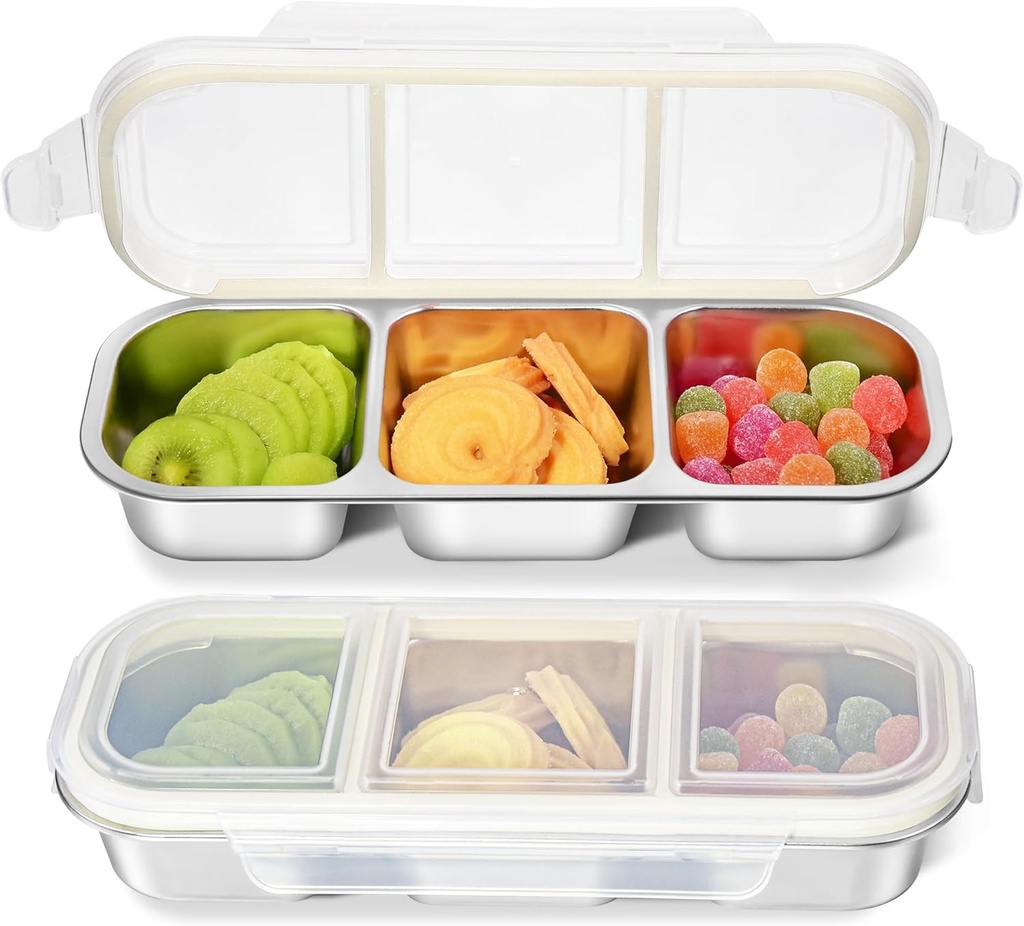 Stainless Steel Snack Containers with Lid, Leakproof 3 Compartment Bento Box, 2Pack Reusable Snackle Box for Travel Home Picnic Work