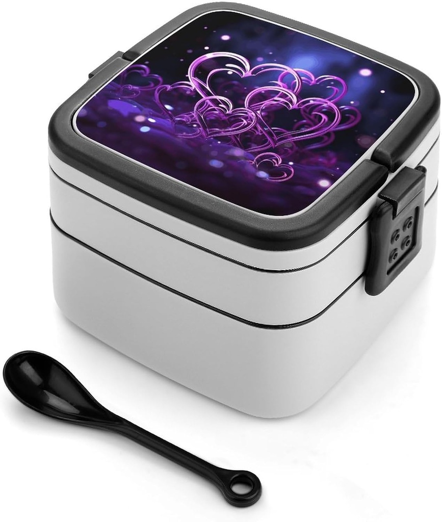 Adult Double-Layer Bento Box Fashional Purple Hearts Portable Lunch Box with Spoon And Invisible Handle Leakproof Microwave-Safe Food Container for Work Travel Camping