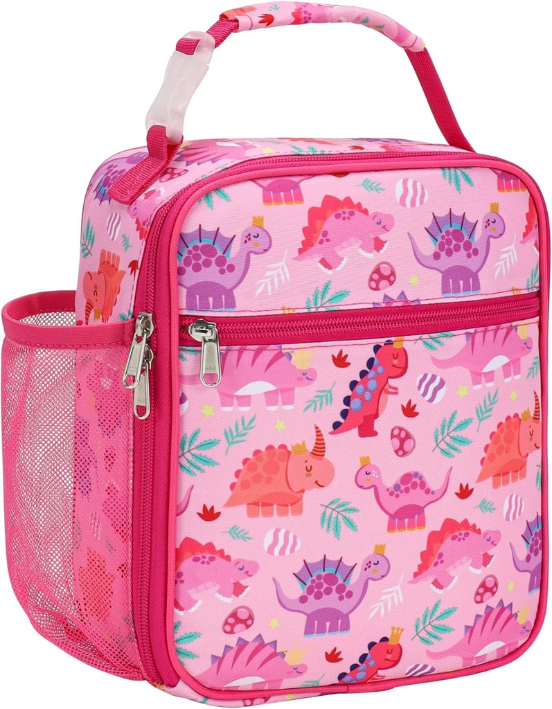 Kids Lunch Bag Girls - Insulated Kids Lunch Box Reusable Girls Lunchbox with Water Bottle Holder Toddler Lunch Tote Bag for School Daycare, Pink Dinosaur
