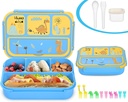 Lunch Box Kids, Bento Lunch Box for Girls Boys School, Lunch Containers for Adults Kids with 4 Compartments, Sauce Container, Utensils, Food Picks and Muffin Cups, Blue Dinosaur