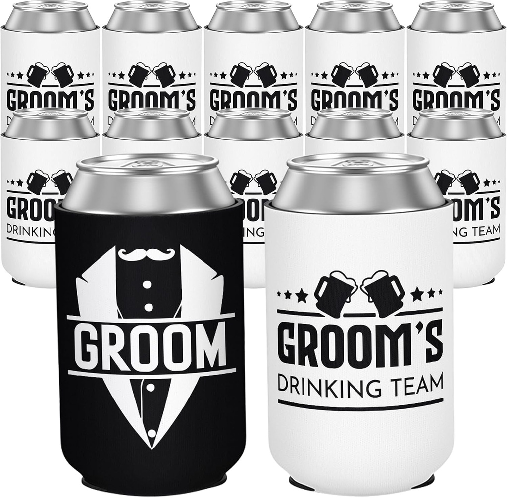 12 Pack Bachelor Party Can Coolers with Groom Squad Design, Insulated Neoprene Beer Sleeves for Men, Black & White Reusable Drink Holders Groomsmen Gifts