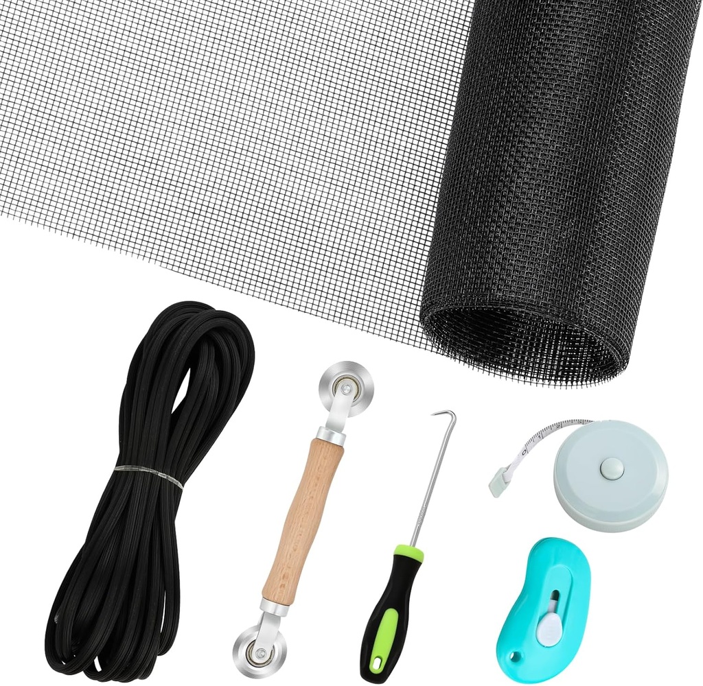 Windows Screen Replacement and Screen Door Repair Kit, 6Pcs Window Screen Fiberglass Mesh Kit - Window Screen & Screen Door Mesh & Screen Porch Repair Kit (Black, 59" x 106")