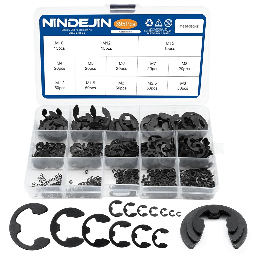 NINDEJIN 395PCS Retaining Rings E-Clip Assortment Set, 13 Sizes, Carbon Steel External Snap Ring, E-Clips Retainer Circlip Rings for Projects - Gears Pulleys Axles Shafts and Other Moving Parts