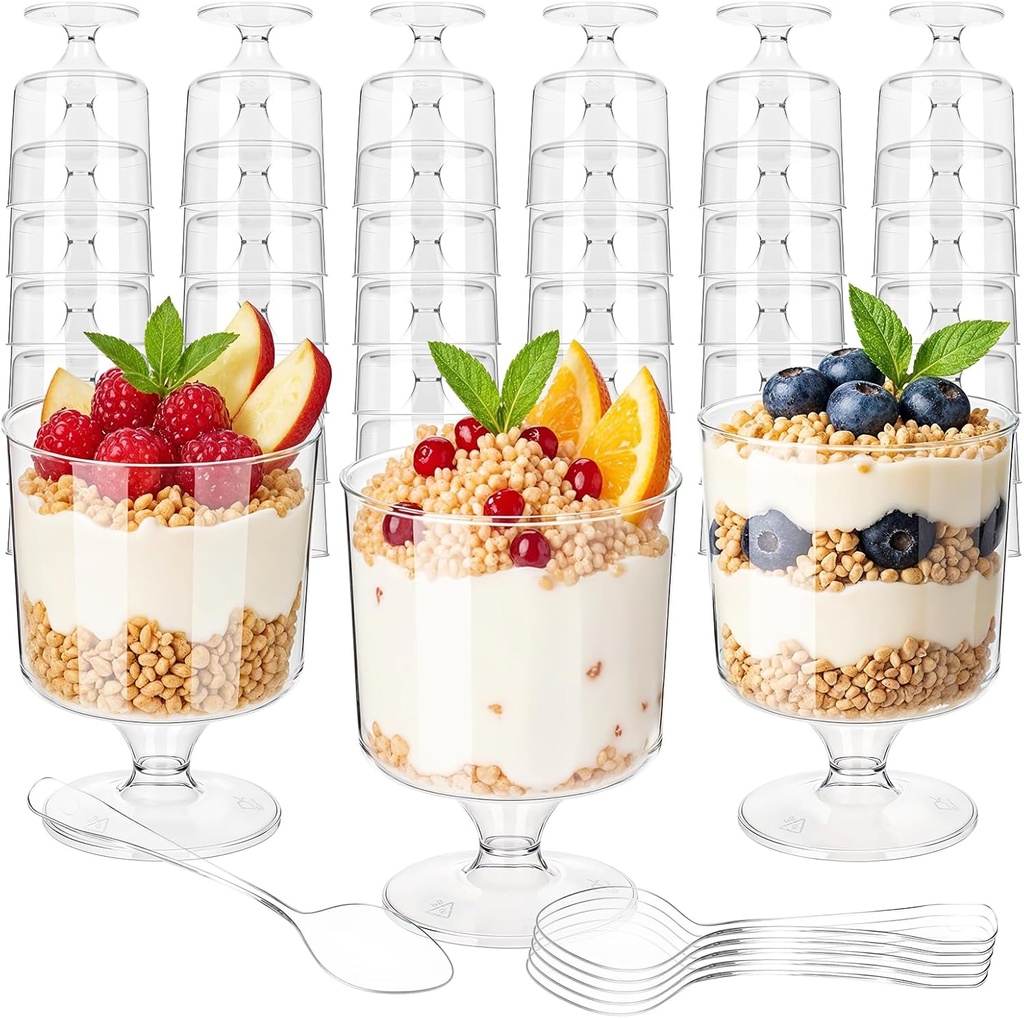 Prasacco 100 Pieces Dessert Cups and Spoons, 50 Pcs 5 oz Mini Plastic Parfait Cup and 50 Pcs Plastic Spoon Round Goblet Cup Clear Dessert Cups for Party Appetizers, Mousse, Ice Cream, Pudding, Fruit