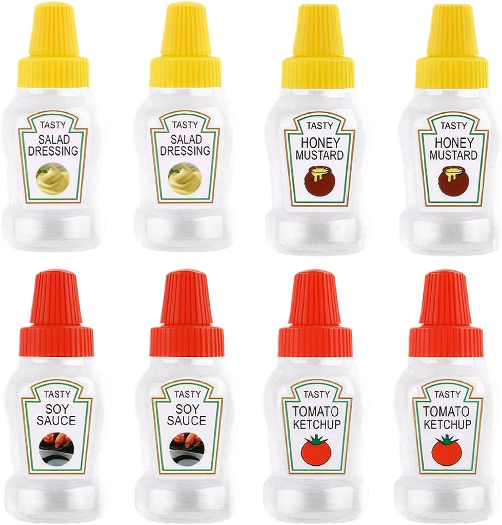 Mini Condiment Squeeze Bottles, 8PCS 25ml Empty Mini Ketchup Bottle, Clear Plastic Portable Condiment Containers with Sealing Lid for Soy Sauce, Honey, Salad Dressing,Food Dispensers